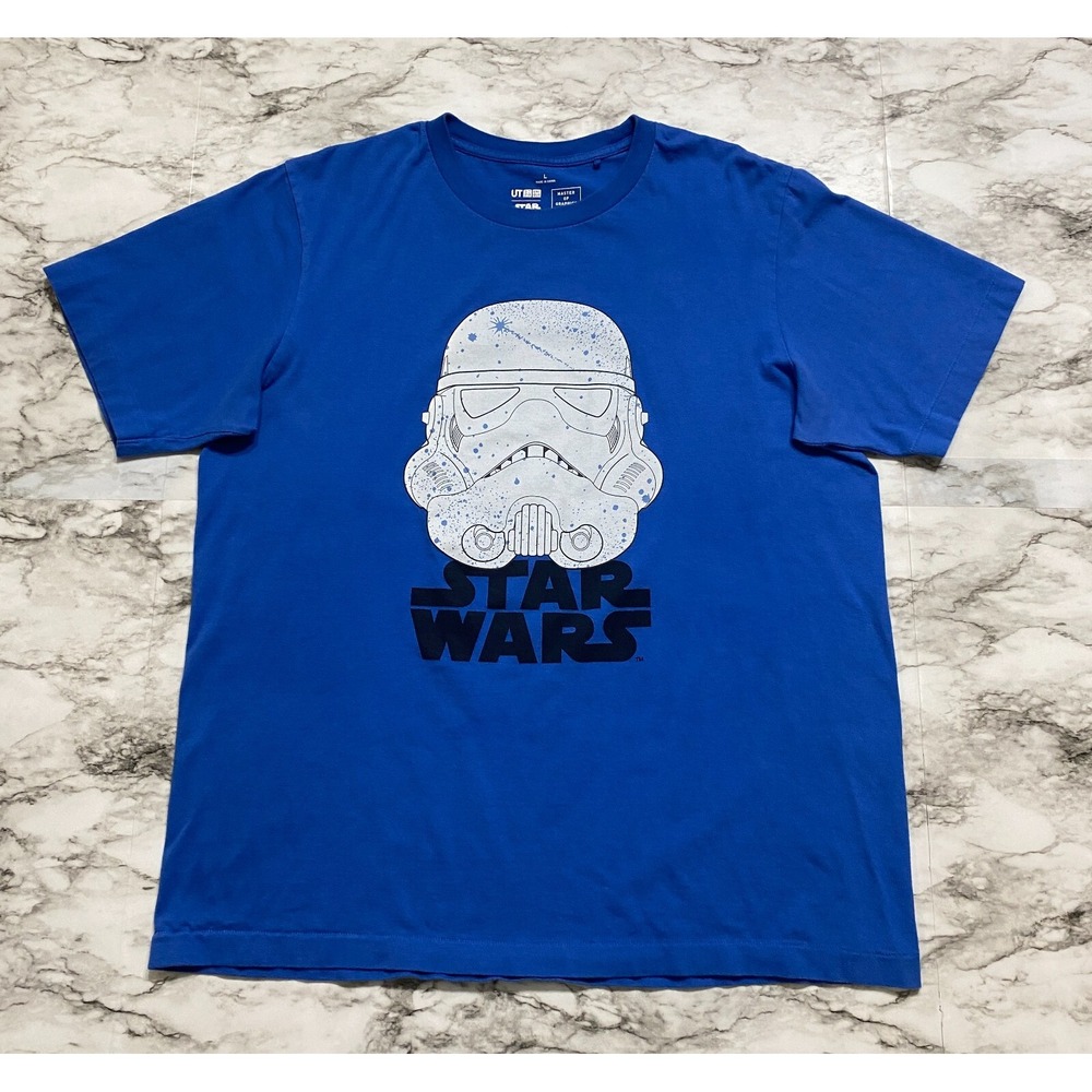 Uniqlo Star Wars Men's T Shirt Size L Blue Storm Strooper Spell Out‎ TV Movie